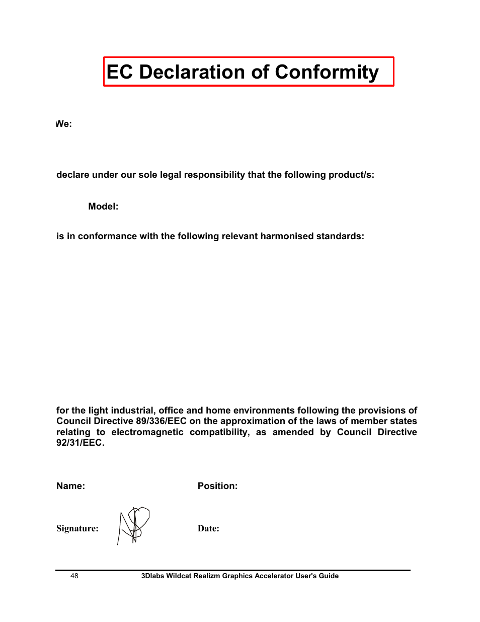 Ec declaration of conformity | 3DLABS WILDCAT REALIZM 100 User Manual | Page 48 / 51