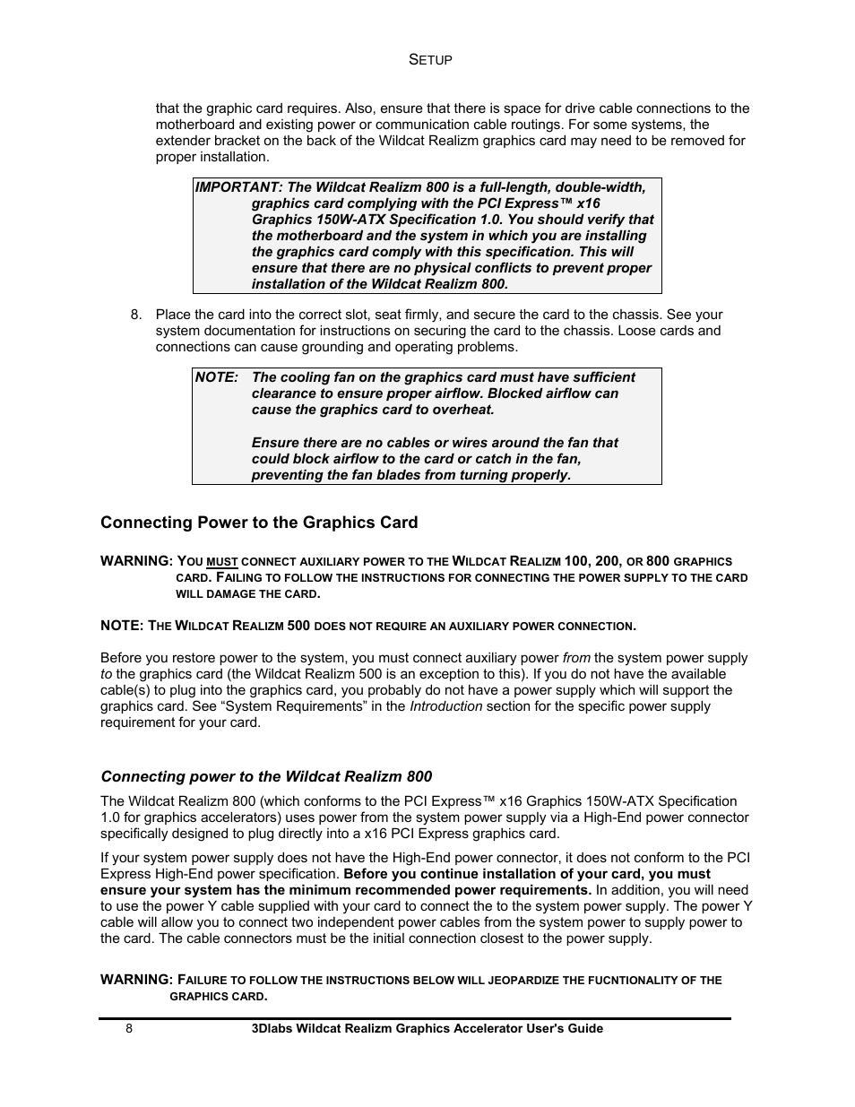 Connecting power to the graphics card | 3DLABS WILDCAT REALIZM 100 User Manual | Page 8 / 51
