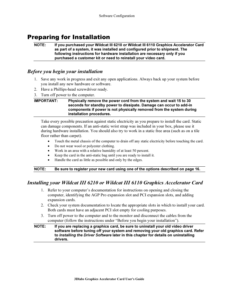 Preparing for in tallation, Before you begin your in tallation, Preparing for installation | Before you begin your installation | 3DLABS Wildcat III 6110 User Manual | Page 11 / 56