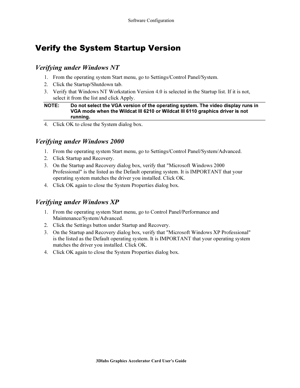 Verify the sy tem startup ver ion, Verifying under window nt, Verifying under window 2000 | Verifying under window xp, Verify the system startup version, Verifying under windows nt, Verifying under windows 2000, Verifying under windows xp | 3DLABS Wildcat III 6110 User Manual | Page 21 / 56