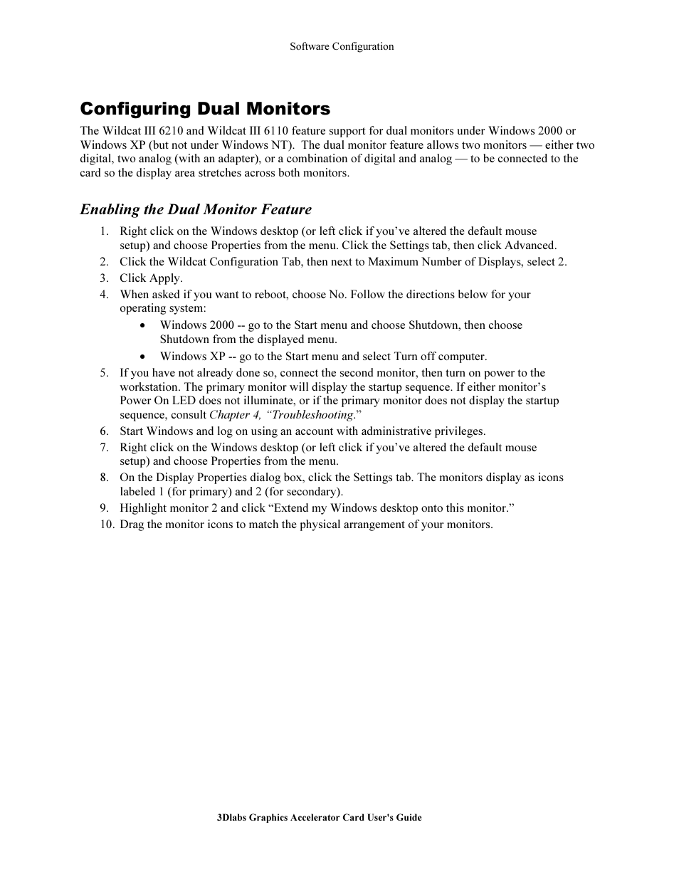 Configuring dual monitor, Enabling the ual monitor feature, Configuring dual monitors | Enabling the dual monitor feature | 3DLABS Wildcat III 6110 User Manual | Page 30 / 56