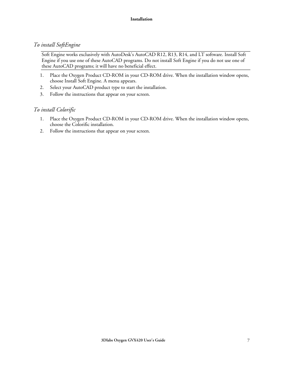 To install softengine, To install colorific | 3DLABS Oxygen GVX420 User Manual | Page 17 / 44