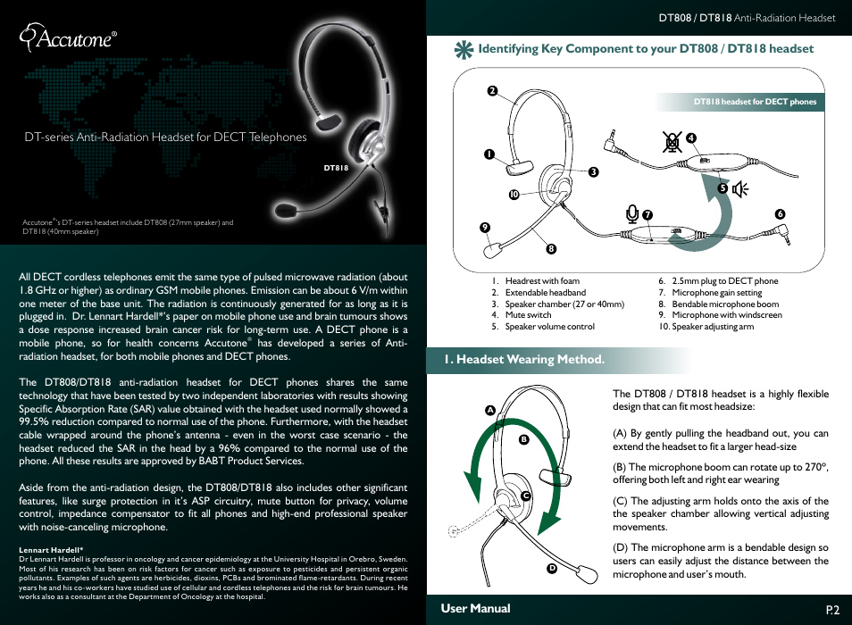 Headset wearing method, P.2 user manual | Accutone DT 800 Series User Manual | Page 2 / 4