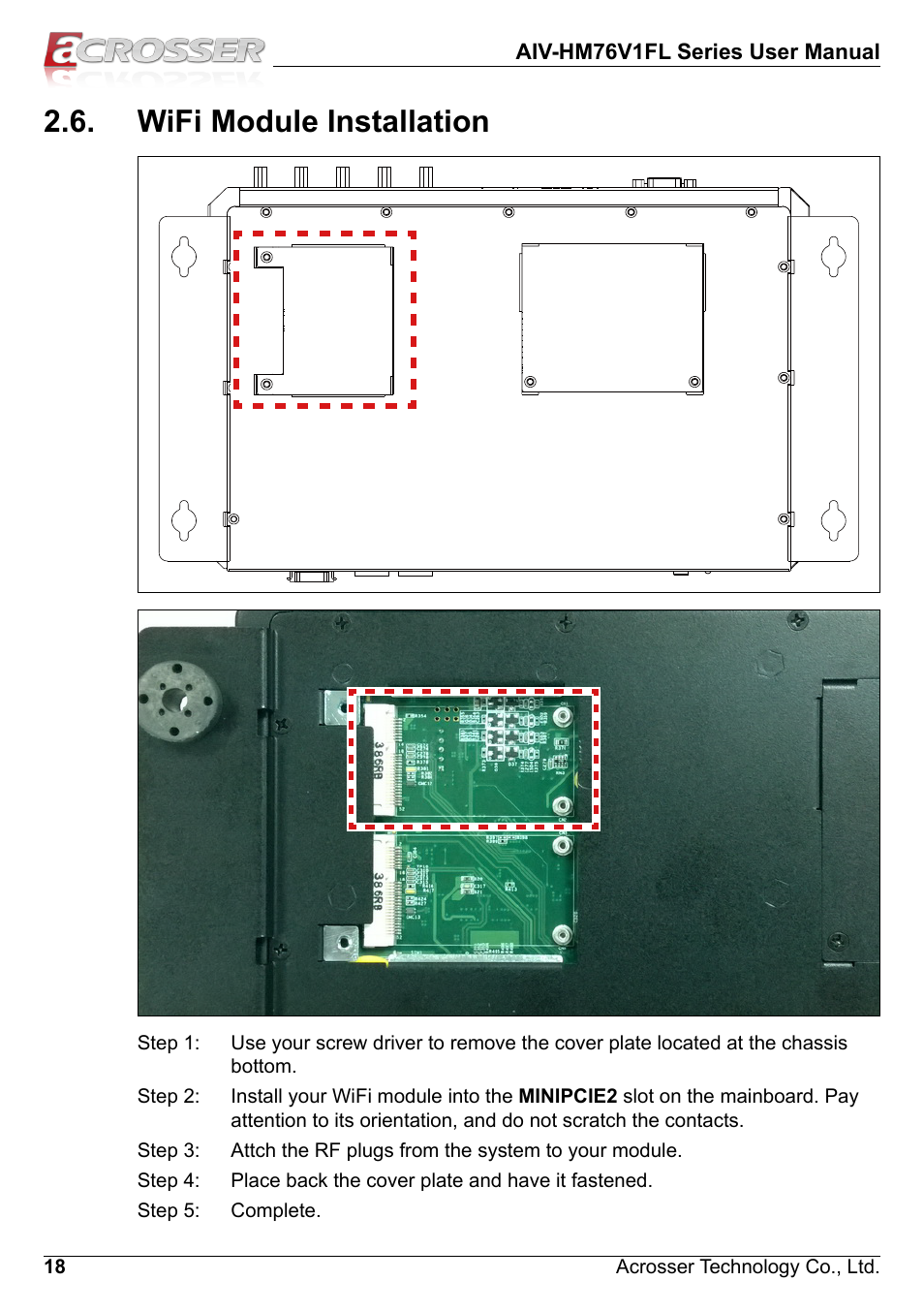 Wifi module installation | Acrosser AIV-HM76V1FL User Manual | Page 18 / 69