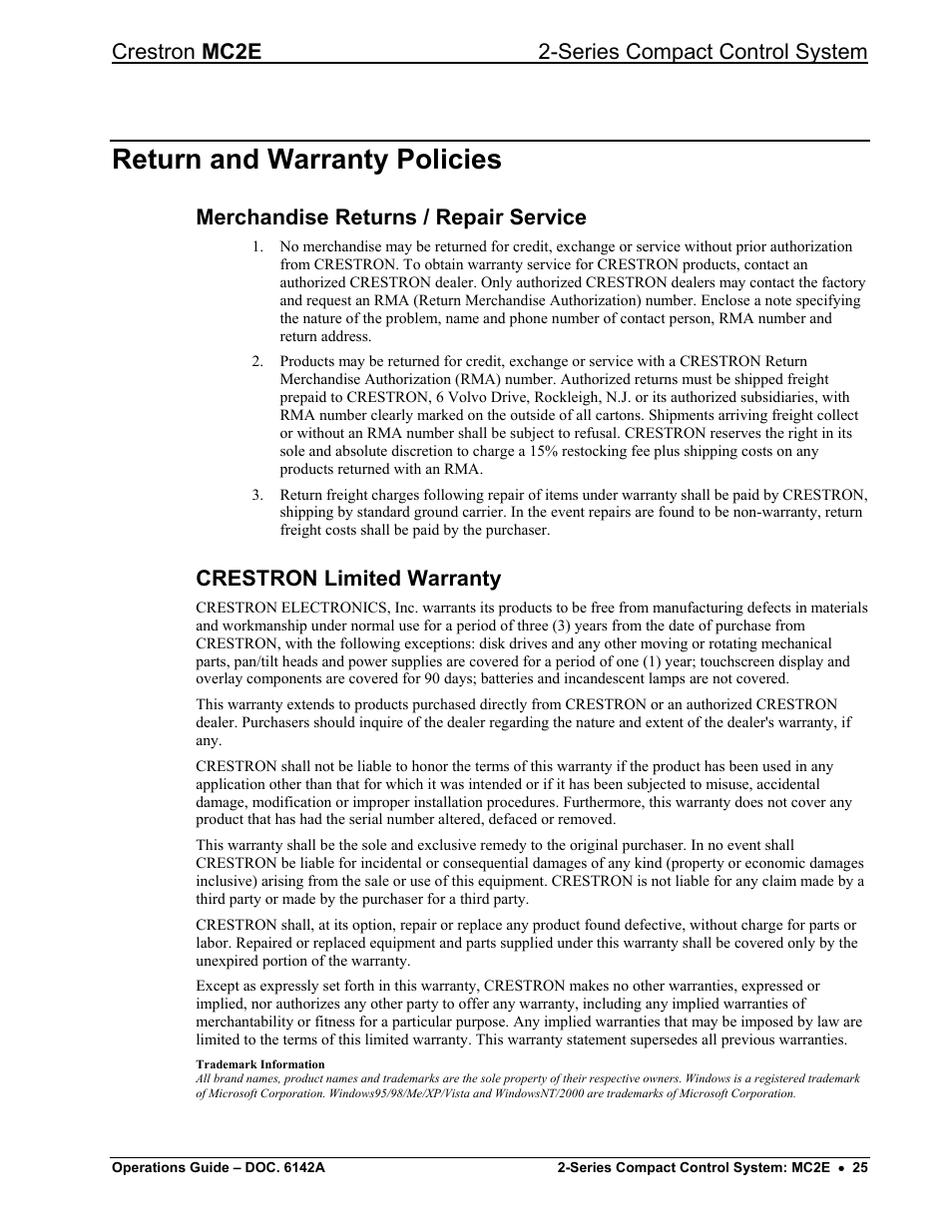 Return and warranty policies, Merchandise returns / repair service, Crestron limited warranty | Crestron mc2e 2-series compact control system | Crestron electronic Crestron MC2E User Manual | Page 29 / 32