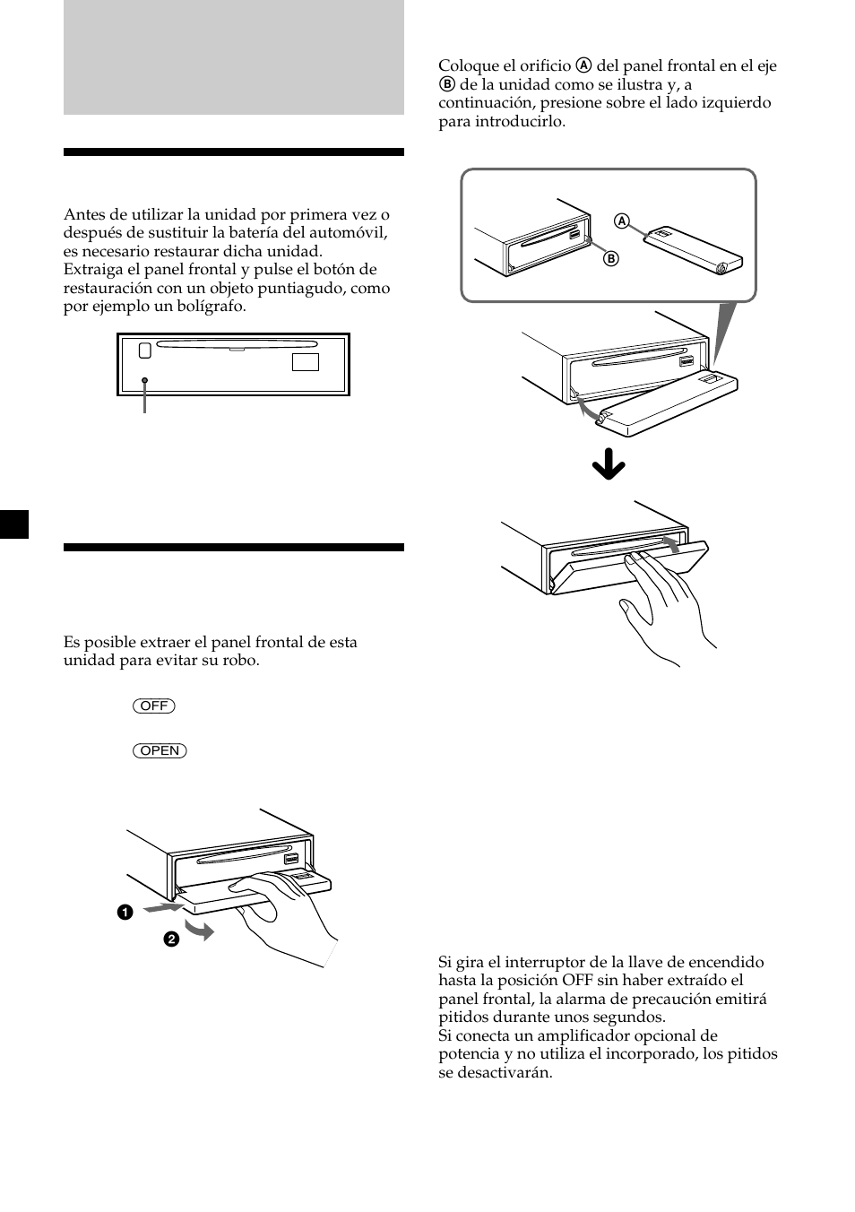 Procedimientos iniciales, Restauración de la unidad, Extracción del panel frontal | Sony CDX-L450 User Manual | Page 30 / 146