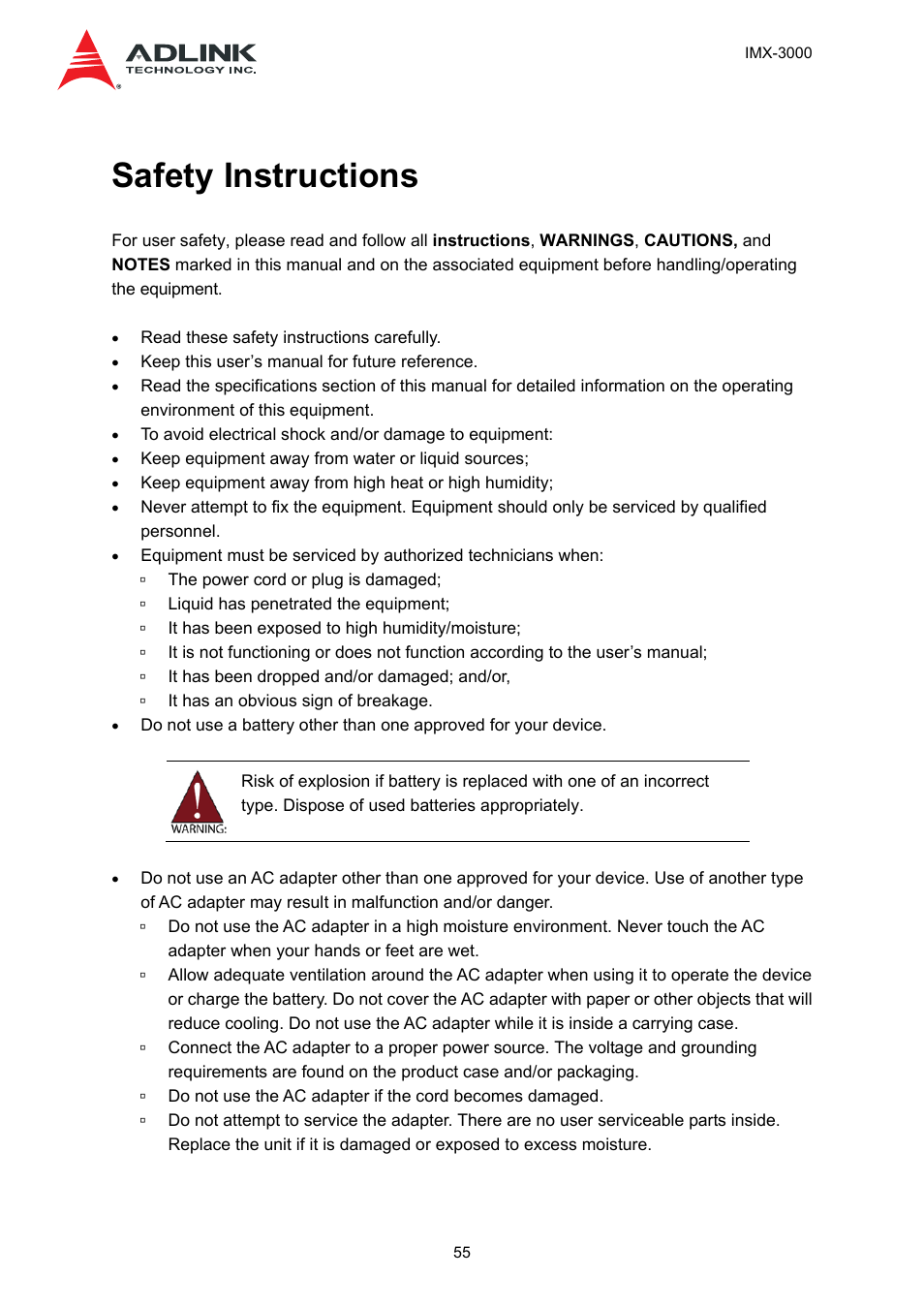 Safety instructions | ADLINK IMX-3000 User Manual | Page 55 / 57