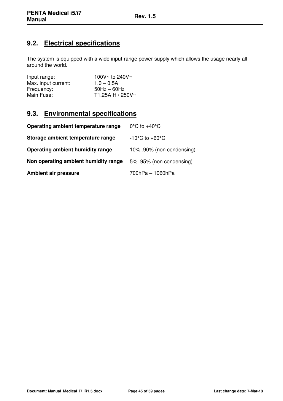 Electrical specifications, Environmental specifications | ADLINK Medical-i7 18/21 User Manual | Page 45 / 59