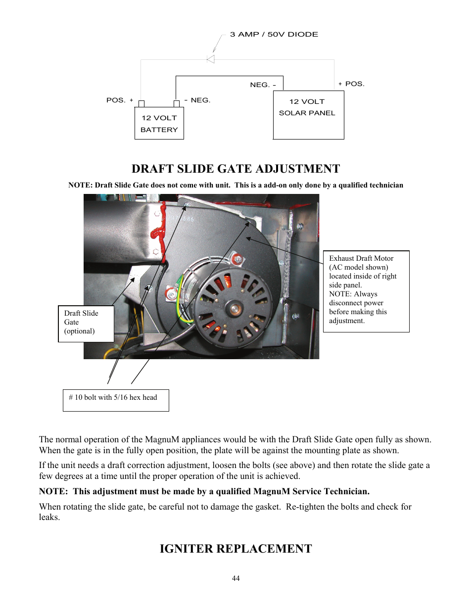 Draft slide gate adjustment, Igniter replacement | American Energy Systems MagnuM Winchester User Manual | Page 44 / 52