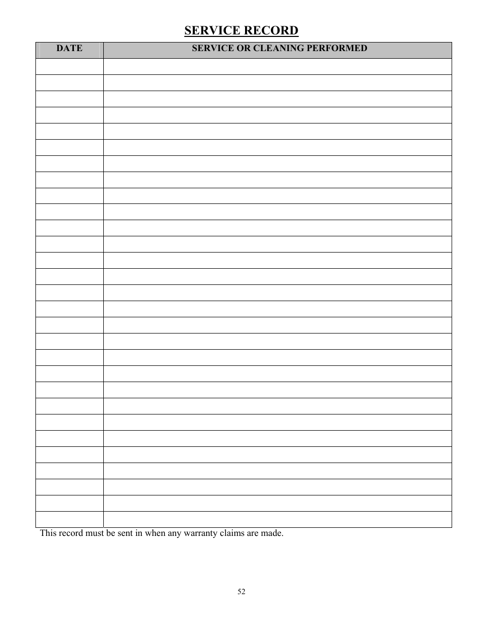 Service record, Date service or cleaning performed | American Energy Systems MagnuM Winchester User Manual | Page 52 / 52