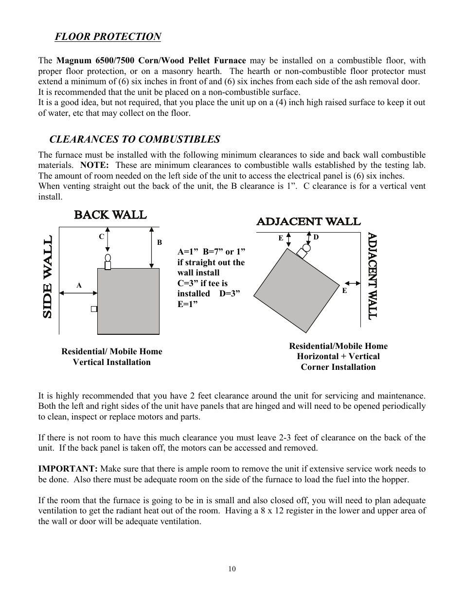 Floor protection clearances to combustibles | American Energy Systems MagnuM 7500 User Manual | Page 10 / 45