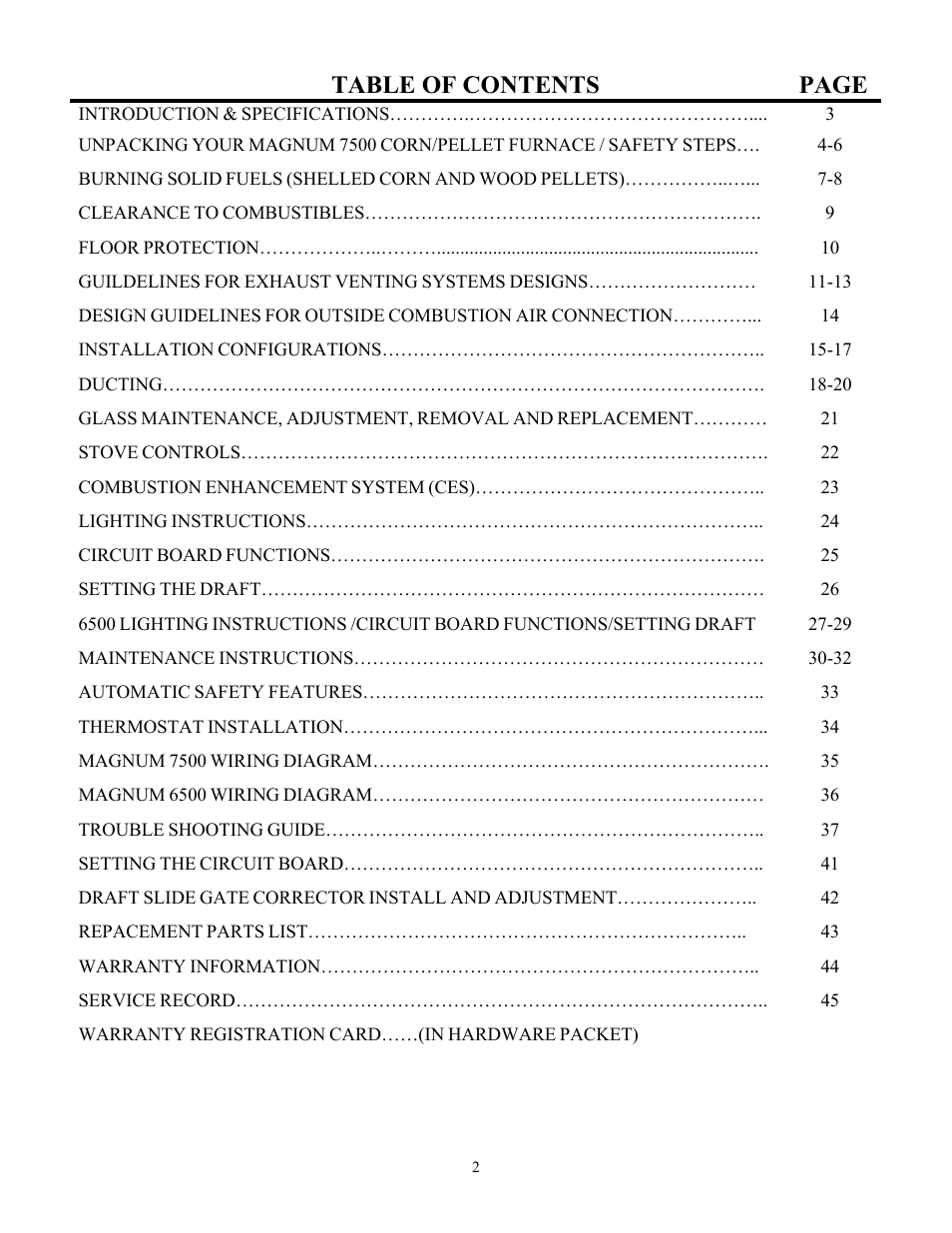 Table of contents page | American Energy Systems MagnuM 7500 User Manual | Page 2 / 45