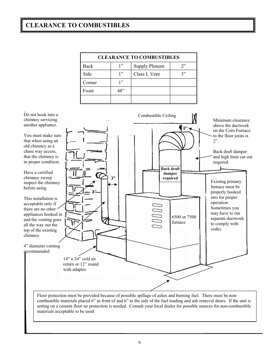 Clearance to combustibles | American Energy Systems MagnuM 7500 User Manual | Page 9 / 45