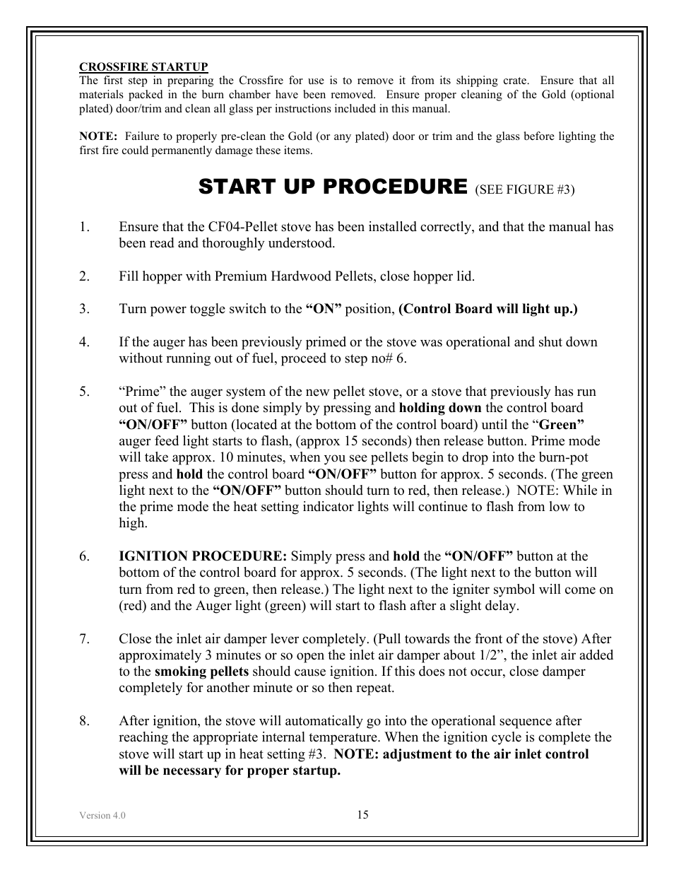Start up procedure | American Energy Systems Crossfire Pellet User Manual | Page 15 / 59