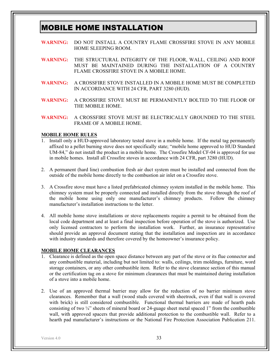 Mobile home installation | American Energy Systems Crossfire Pellet User Manual | Page 33 / 59