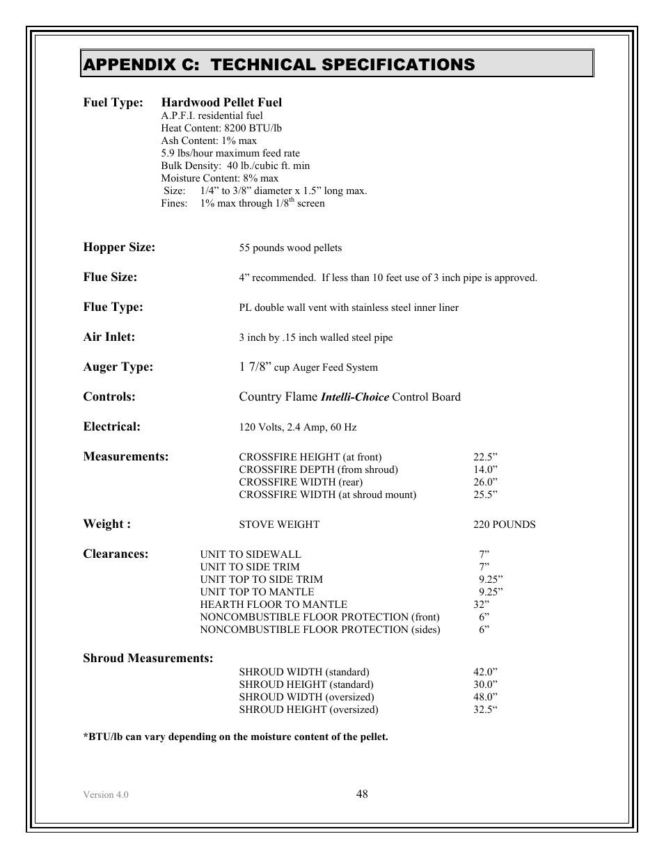 Appendix c: technical specifications | American Energy Systems Crossfire Pellet User Manual | Page 48 / 59