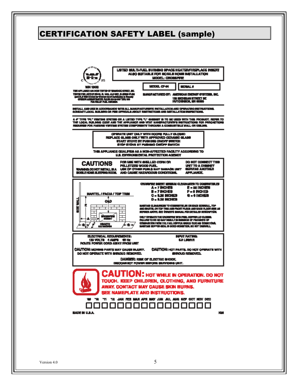 Certification safety label (sample) | American Energy Systems Crossfire Pellet User Manual | Page 5 / 59