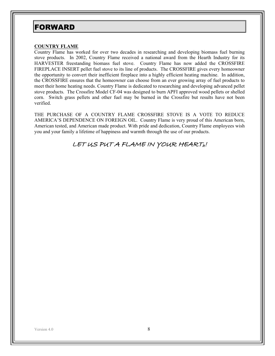 Let us put a flame in your heart, Forward | American Energy Systems Crossfire Pellet User Manual | Page 8 / 59