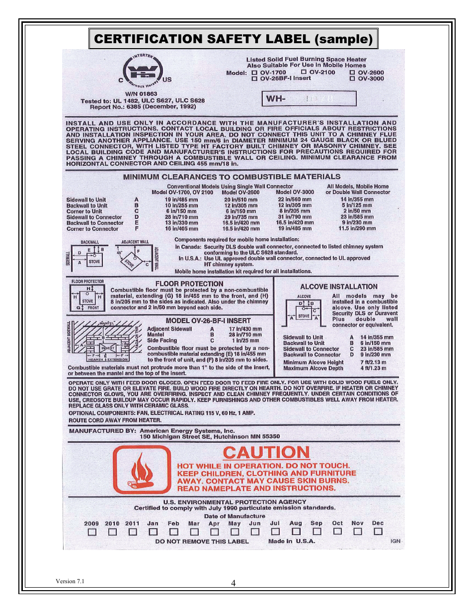 Certification safety label (sample) | American Energy Systems Ovation User Manual | Page 4 / 52