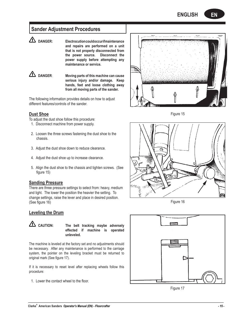 En english, Sander adjustment procedures, Dust shoe | Sanding pressure, Leveling the drum | American Sanders FloorCrafter Belt Sander User Manual | Page 15 / 76