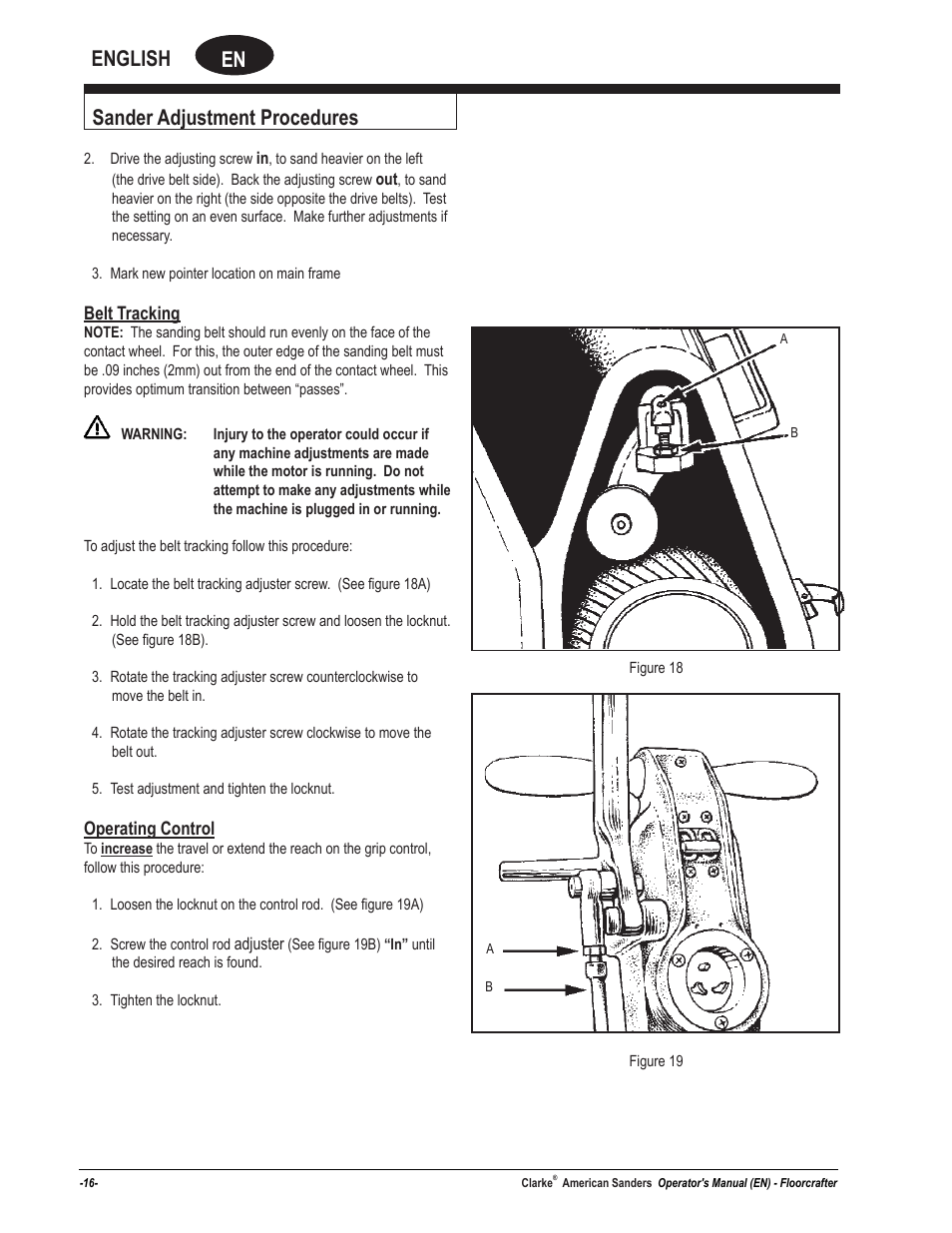 En english, Sander adjustment procedures | American Sanders FloorCrafter Belt Sander User Manual | Page 16 / 76