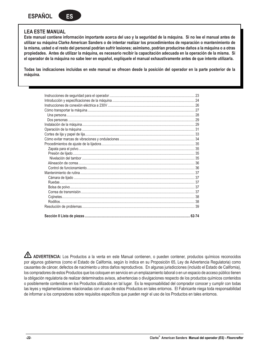 Es español, Lea este manual | American Sanders FloorCrafter Belt Sander User Manual | Page 22 / 76