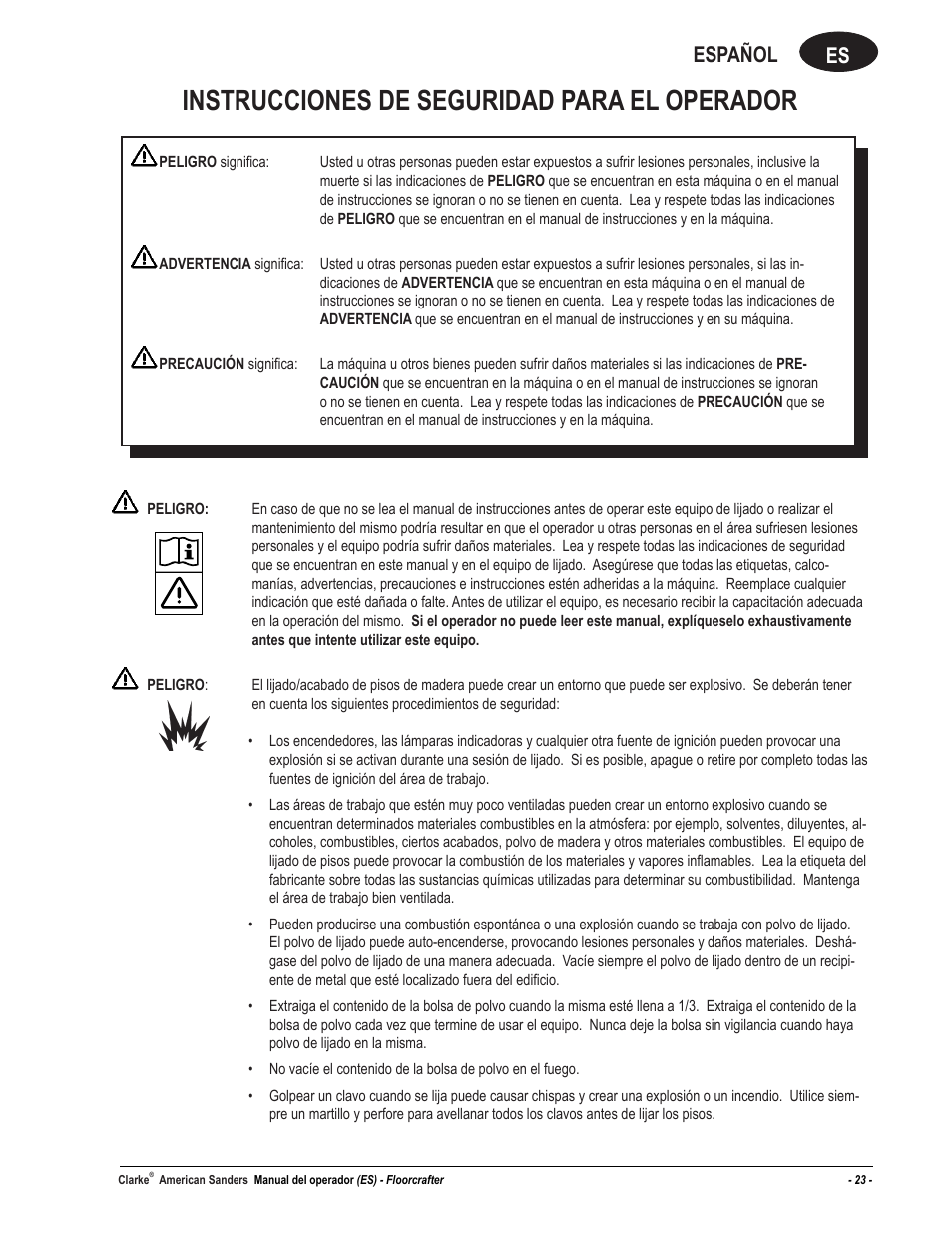 Instrucciones de seguridad para el operador, Es español | American Sanders FloorCrafter Belt Sander User Manual | Page 23 / 76