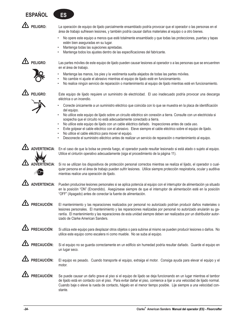 Es español | American Sanders FloorCrafter Belt Sander User Manual | Page 24 / 76