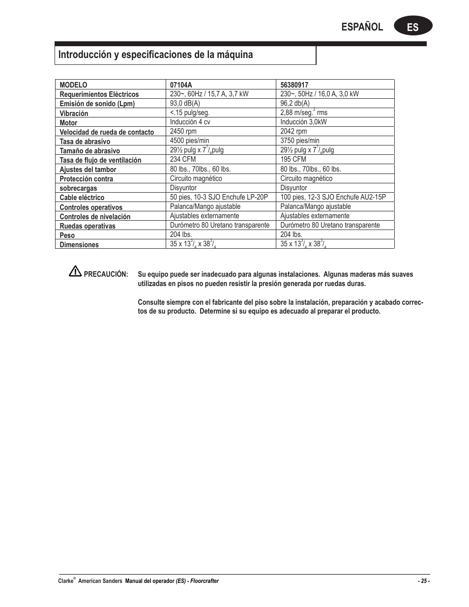 Es español, Introducción y especificaciones de la máquina | American Sanders FloorCrafter Belt Sander User Manual | Page 25 / 76