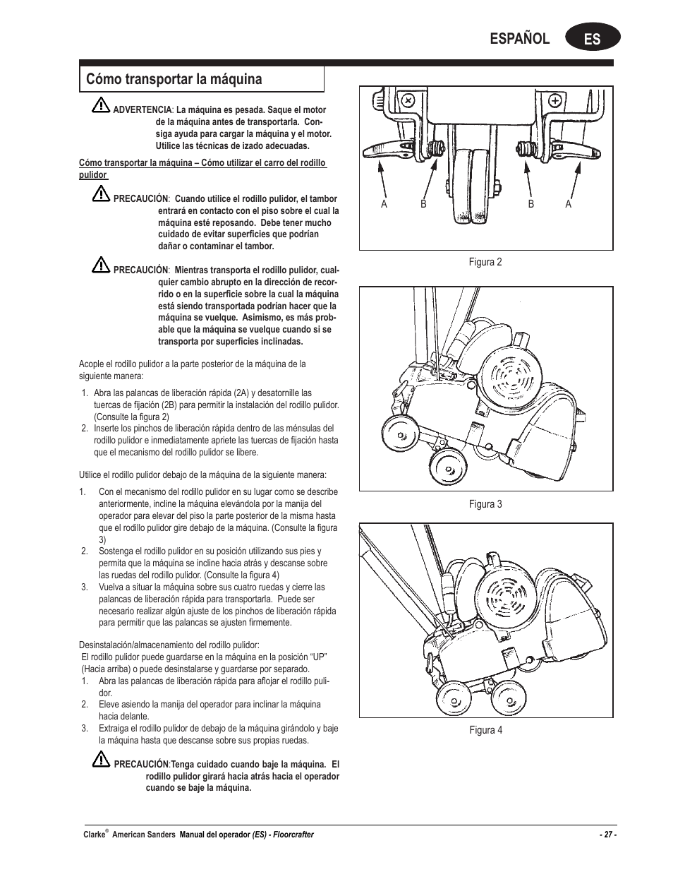 Es español, Cómo transportar la máquina | American Sanders FloorCrafter Belt Sander User Manual | Page 27 / 76