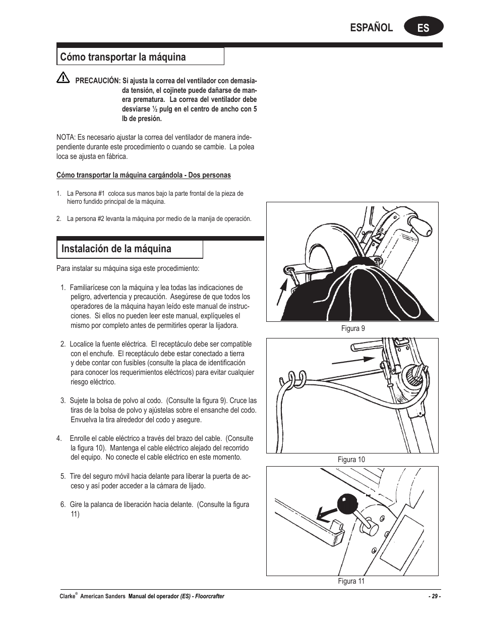 Es español, Cómo transportar la máquina, Instalación de la máquina | American Sanders FloorCrafter Belt Sander User Manual | Page 29 / 76