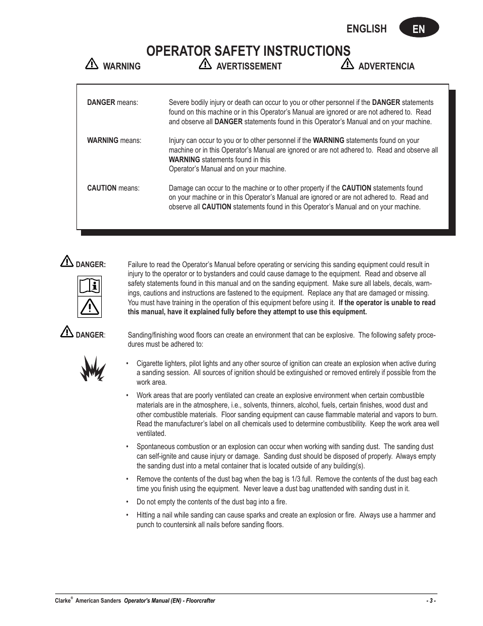 Operator safety instructions, En english | American Sanders FloorCrafter Belt Sander User Manual | Page 3 / 76