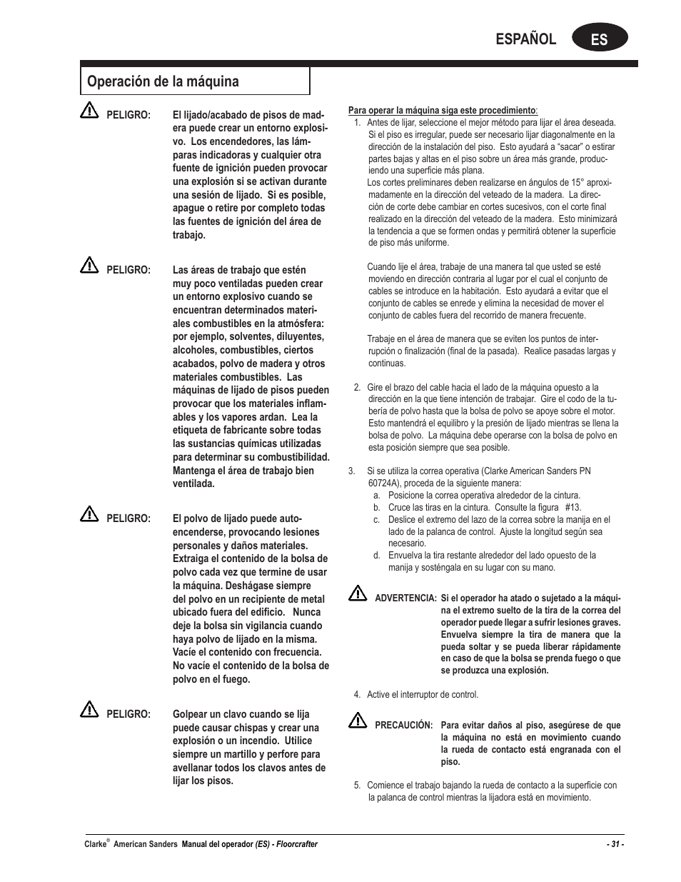 Es español operación de la máquina | American Sanders FloorCrafter Belt Sander User Manual | Page 31 / 76