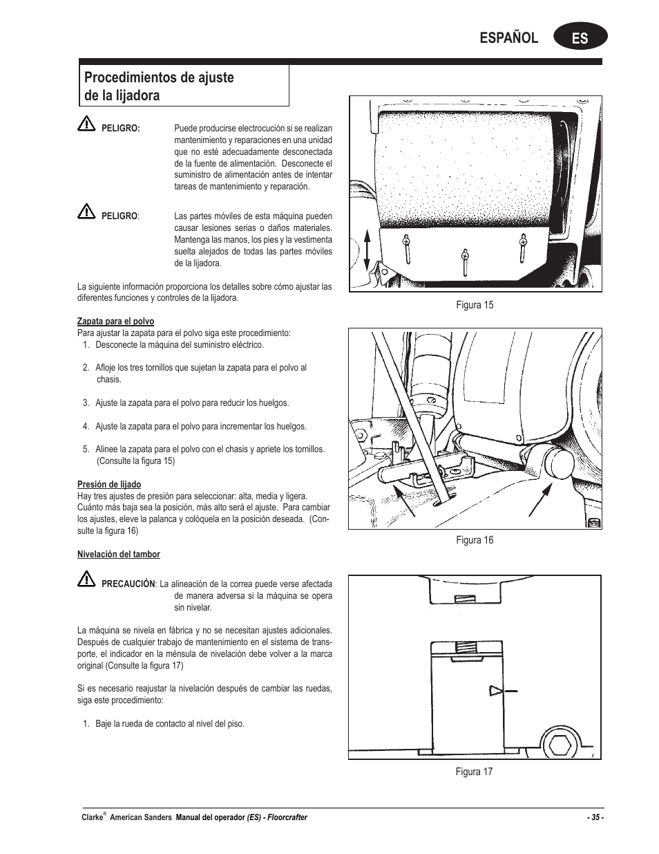 Es español, Procedimientos de ajuste de la lijadora | American Sanders FloorCrafter Belt Sander User Manual | Page 35 / 76