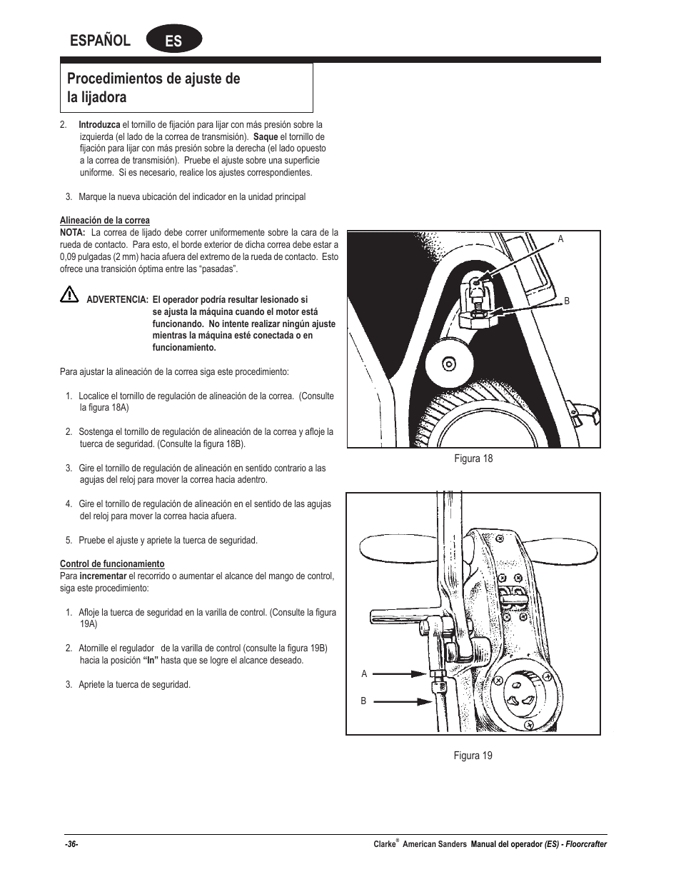 Es español, Procedimientos de ajuste de la lijadora | American Sanders FloorCrafter Belt Sander User Manual | Page 36 / 76