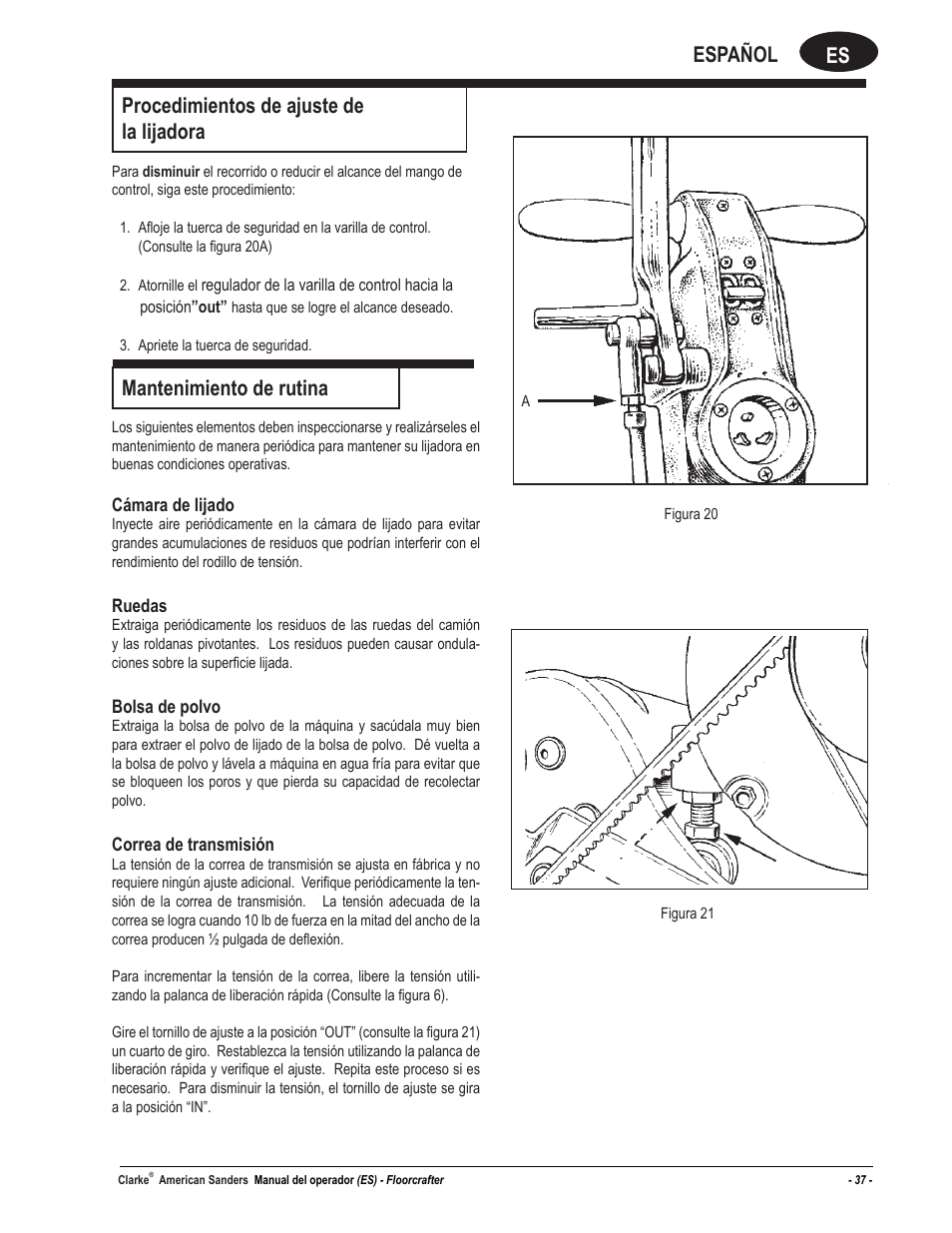 Es español, Procedimientos de ajuste de la lijadora, Mantenimiento de rutina | American Sanders FloorCrafter Belt Sander User Manual | Page 37 / 76
