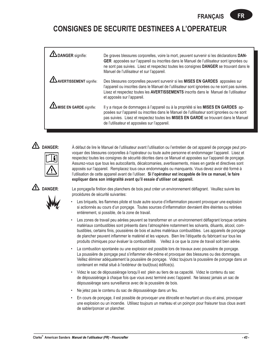 Consignes de securite destinees a l’operateur, Fr français | American Sanders FloorCrafter Belt Sander User Manual | Page 43 / 76