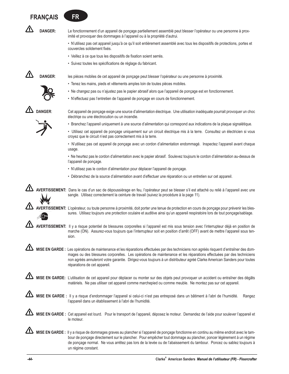 Fr français | American Sanders FloorCrafter Belt Sander User Manual | Page 44 / 76