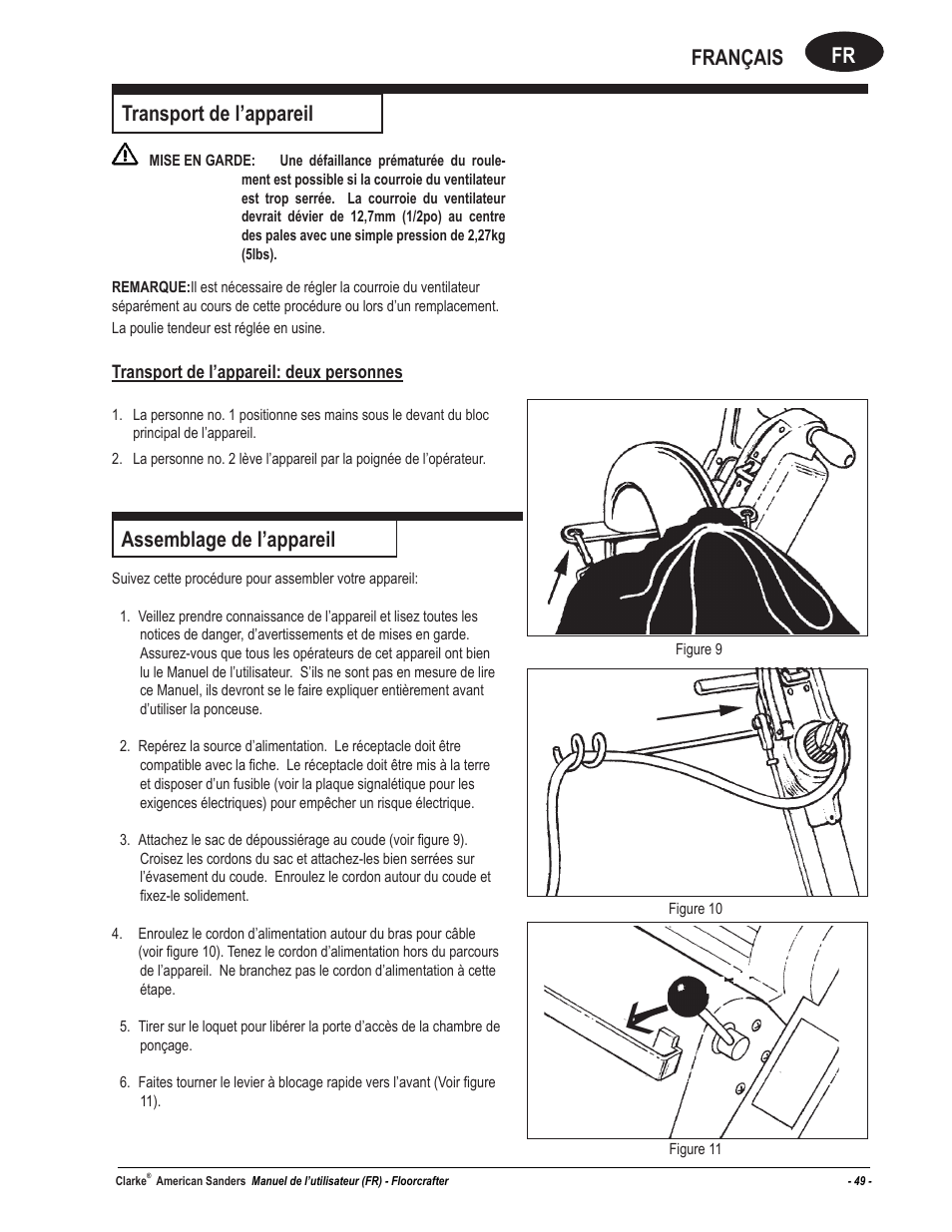 Fr français, Transport de l’appareil, Assemblage de l’appareil | American Sanders FloorCrafter Belt Sander User Manual | Page 49 / 76