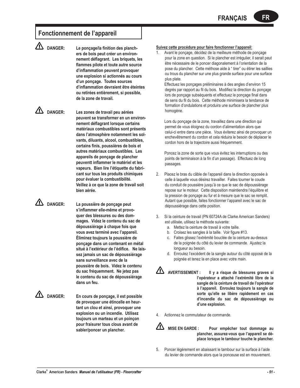 Fr français fonctionnement de l’appareil | American Sanders FloorCrafter Belt Sander User Manual | Page 51 / 76