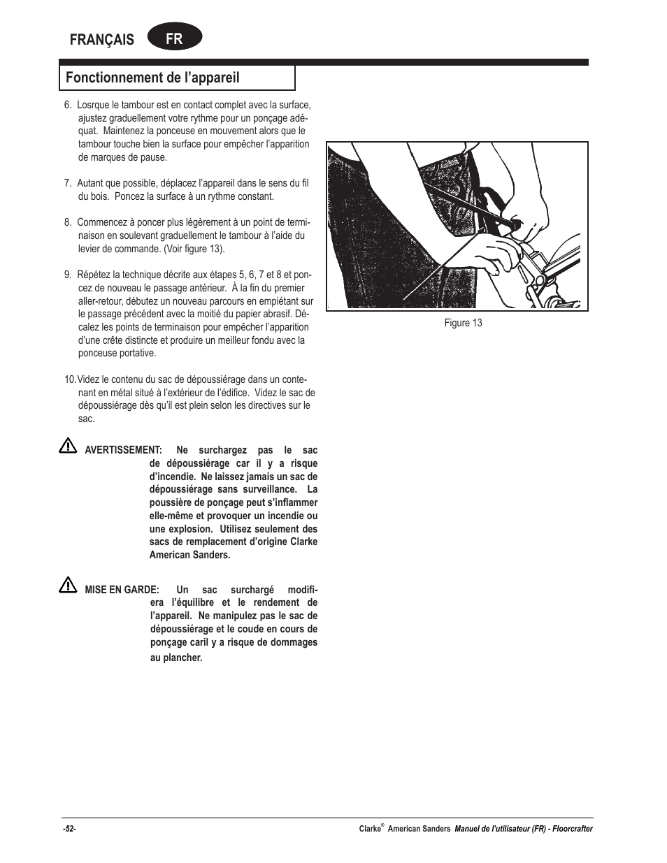 Fr français, Fonctionnement de l’appareil | American Sanders FloorCrafter Belt Sander User Manual | Page 52 / 76