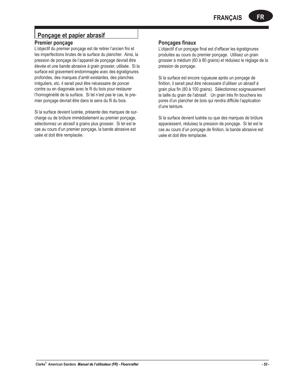 Fr français ponçage et papier abrasif, Premier ponçage, Ponçages finaux | American Sanders FloorCrafter Belt Sander User Manual | Page 53 / 76