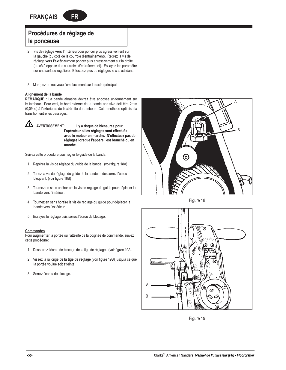 Fr français, Procédures de réglage de la ponceuse | American Sanders FloorCrafter Belt Sander User Manual | Page 56 / 76