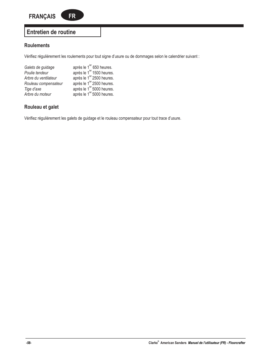 Fr français, Entretien de routine, Roulements | Rouleau et galet | American Sanders FloorCrafter Belt Sander User Manual | Page 58 / 76