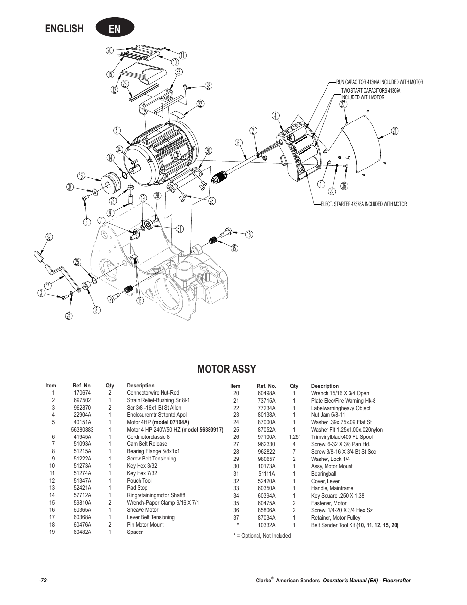 En english, Motor assy | American Sanders FloorCrafter Belt Sander User Manual | Page 72 / 76