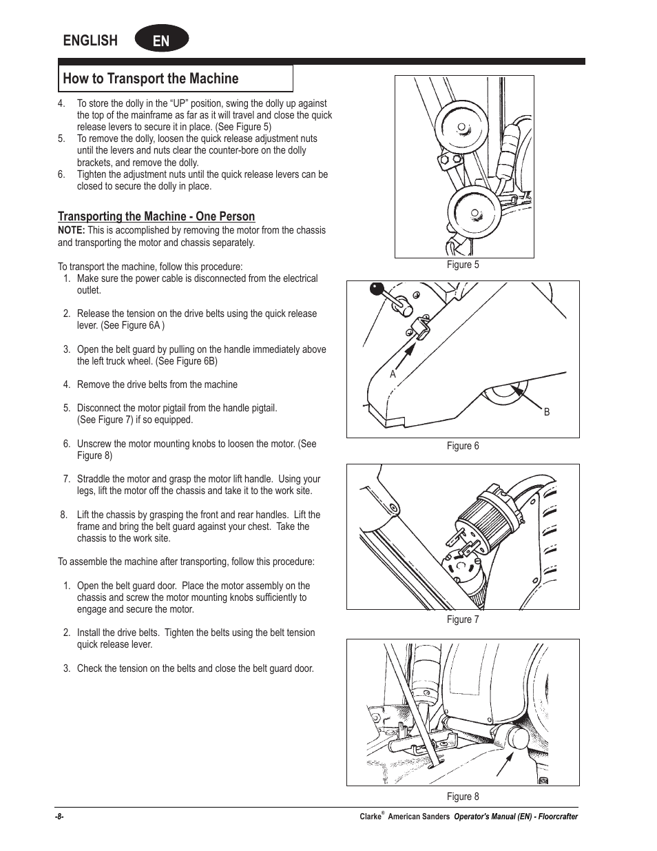 En english, How to transport the machine | American Sanders FloorCrafter Belt Sander User Manual | Page 8 / 76