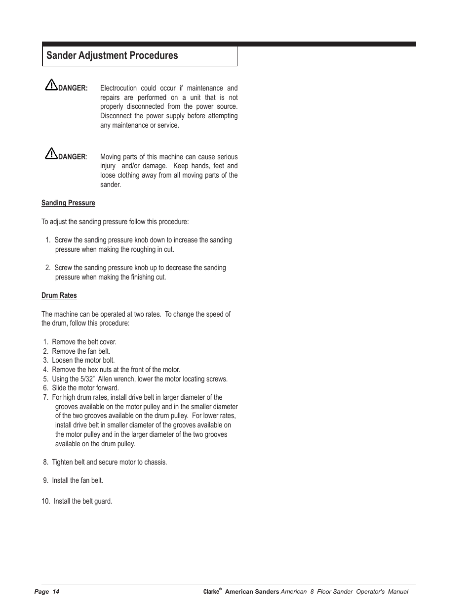 Sander adjustment procedures | American Sanders American 8 Drum Sanders User Manual | Page 14 / 30