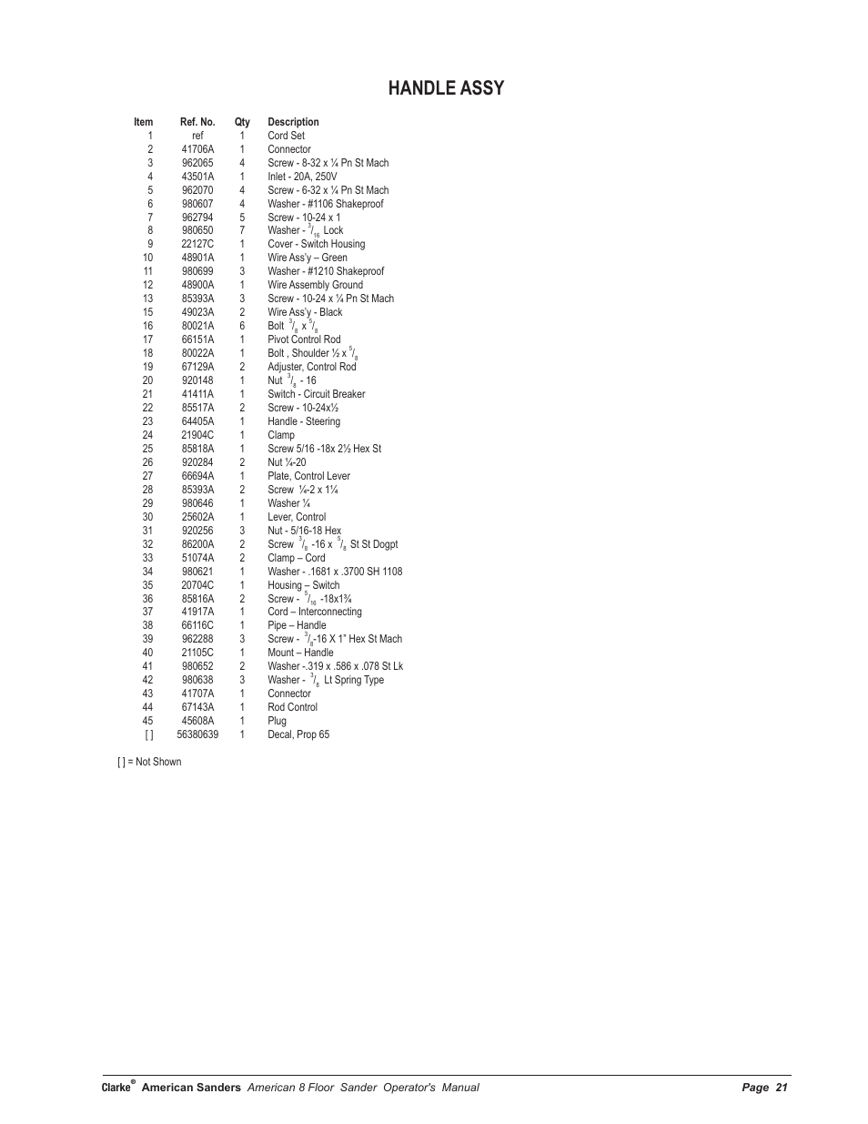 Handle assy | American Sanders American 8 Drum Sanders User Manual | Page 21 / 30