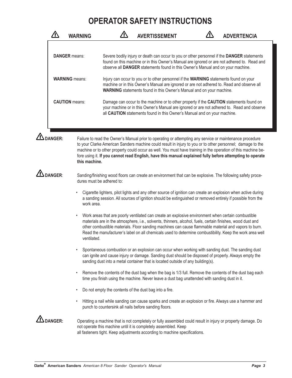 Operator safety instructions | American Sanders American 8 Drum Sanders User Manual | Page 3 / 30