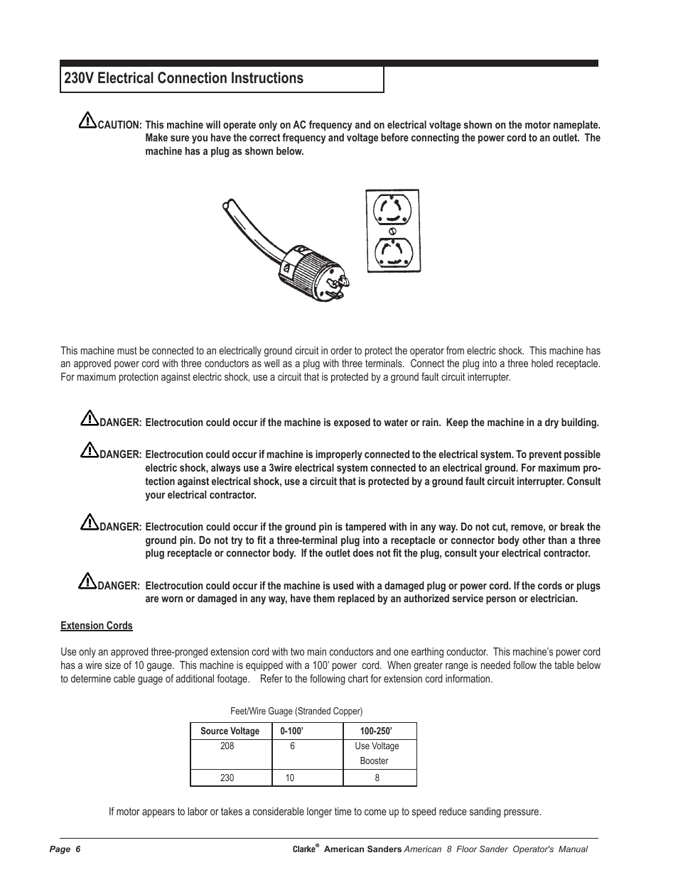 230v electrical connection instructions | American Sanders American 8 Drum Sanders User Manual | Page 6 / 30